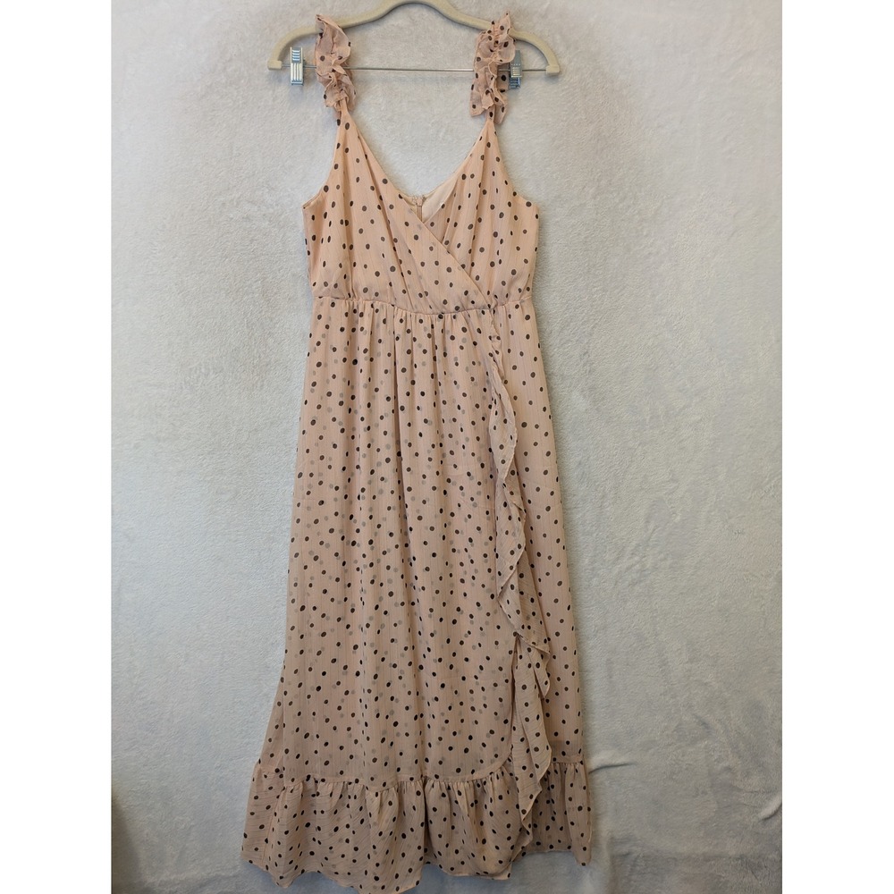 Madewell Maxi Dress Women's 6 Pink Polka Dot Ruffle‎ Faux Wrap Lined V-Neck Zip